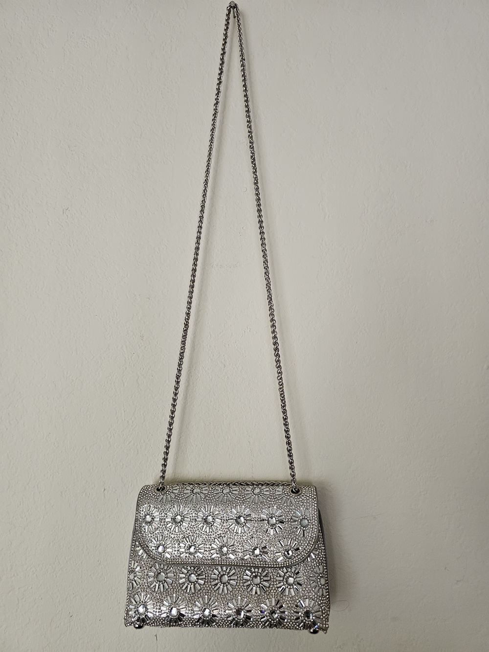 Rhinestone Embellished Silver Evening Clutch with Chain - Picture 2 of 11
